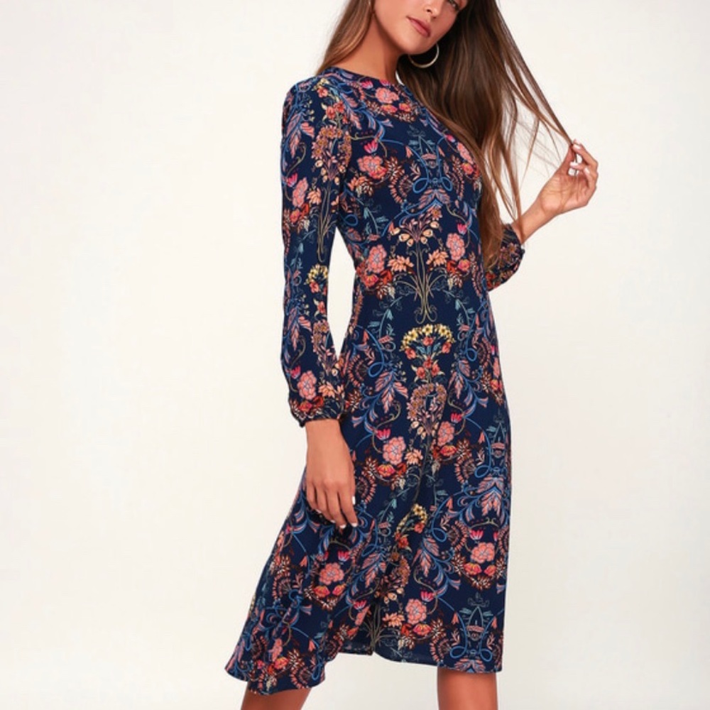 Lulu's Navy Floral Midi Dress with Pink and Coral Accents